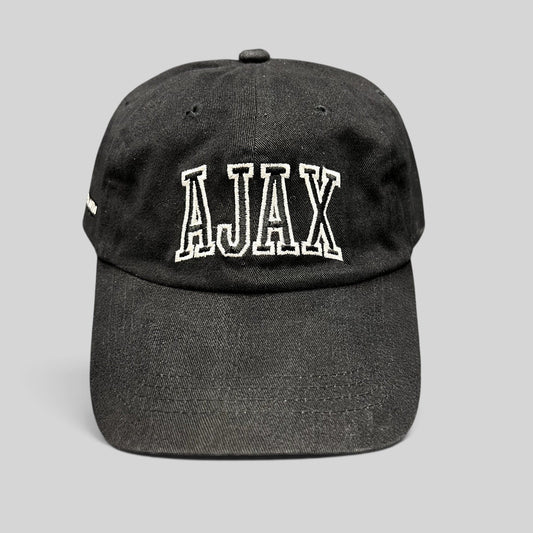 Raree Finds black cotton strapback hat with white embroidered AJAX lettering on the front, Aspen ski resort style.