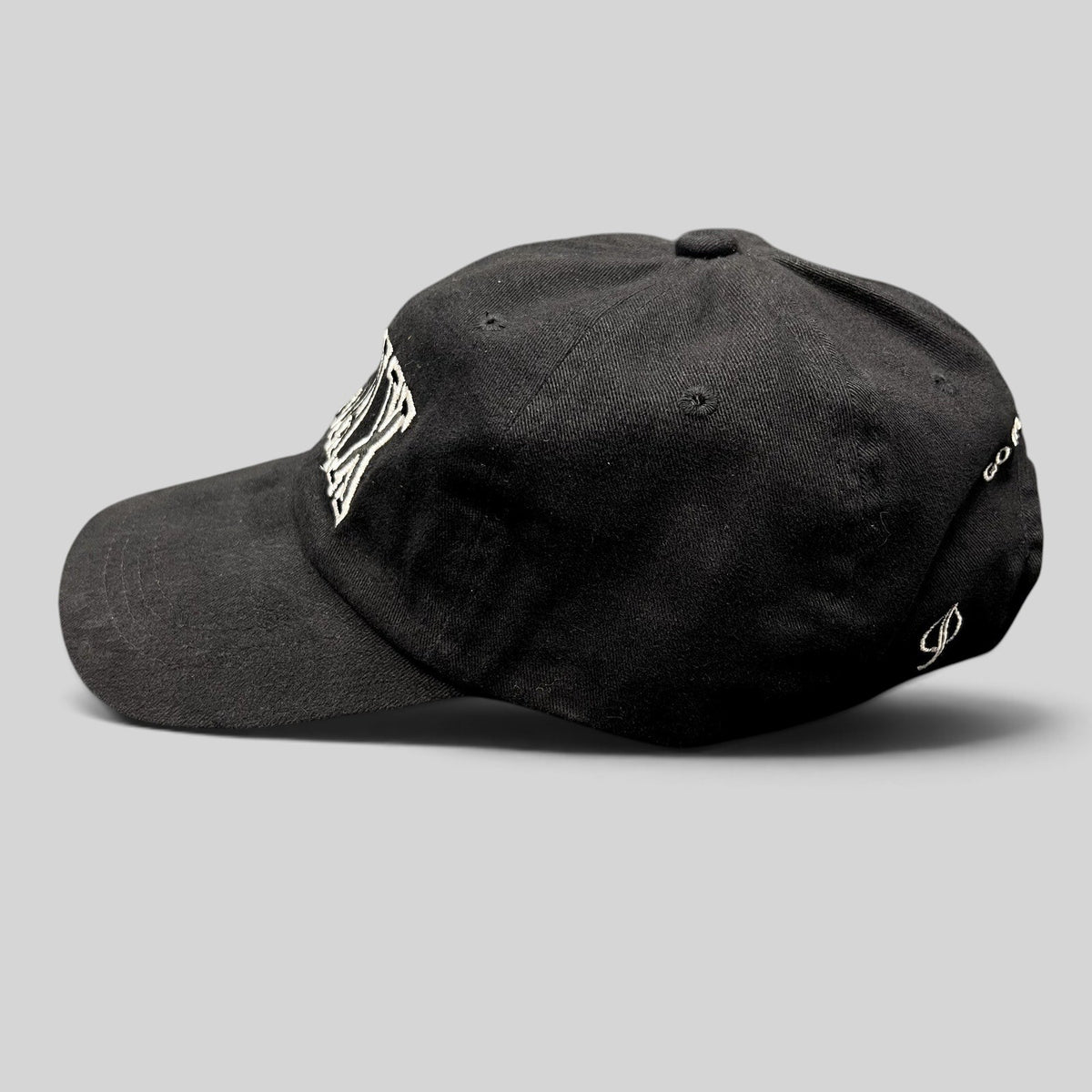 Raree Finds black cotton Aspen Snowmass AJAX strapback hat with white embroidery and adjustable metal buckle