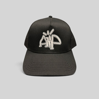 Raree Finds black mesh trucker hat with white embroidered AMP logo and adjustable snapback closure