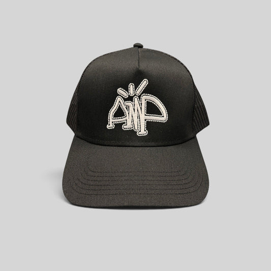 Raree Finds black mesh trucker hat with white embroidered AMP logo and adjustable snapback closure