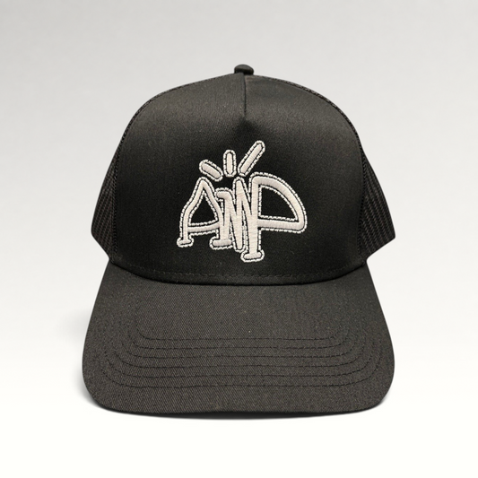 Raree Finds black mesh trucker hat with white embroidered AMP logo and adjustable snapback closure
