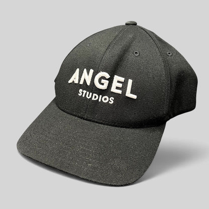 Raree Finds black Flexfit cap with white embroidered Angel Studios logo on a structured crown and curved brim