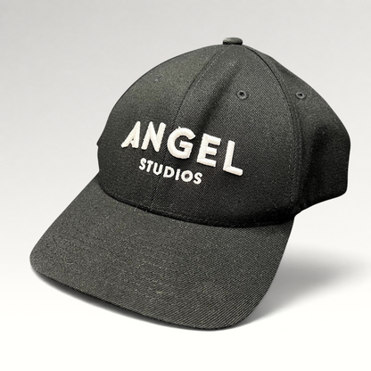 Raree Finds black Flexfit cap with white embroidered Angel Studios logo on a structured crown and curved brim