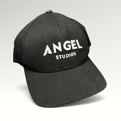 Raree Finds black Flexfit cap with white embroidered Angel Studios logo on a structured crown and curved brim