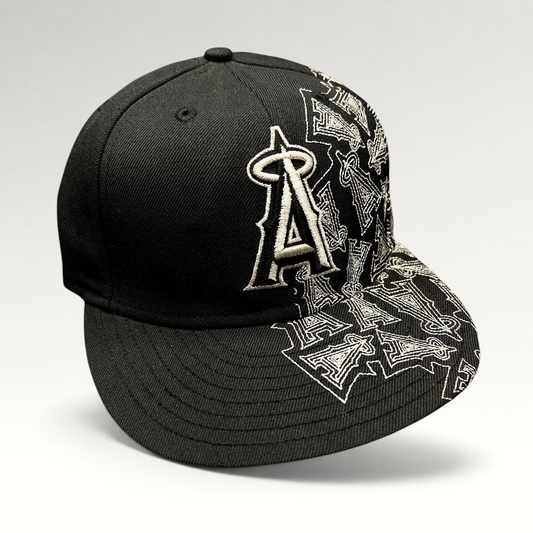 Raree Finds black New Era 59FIFTY Los Angeles Angels fitted hat with silver embroidered logo and side brim pattern