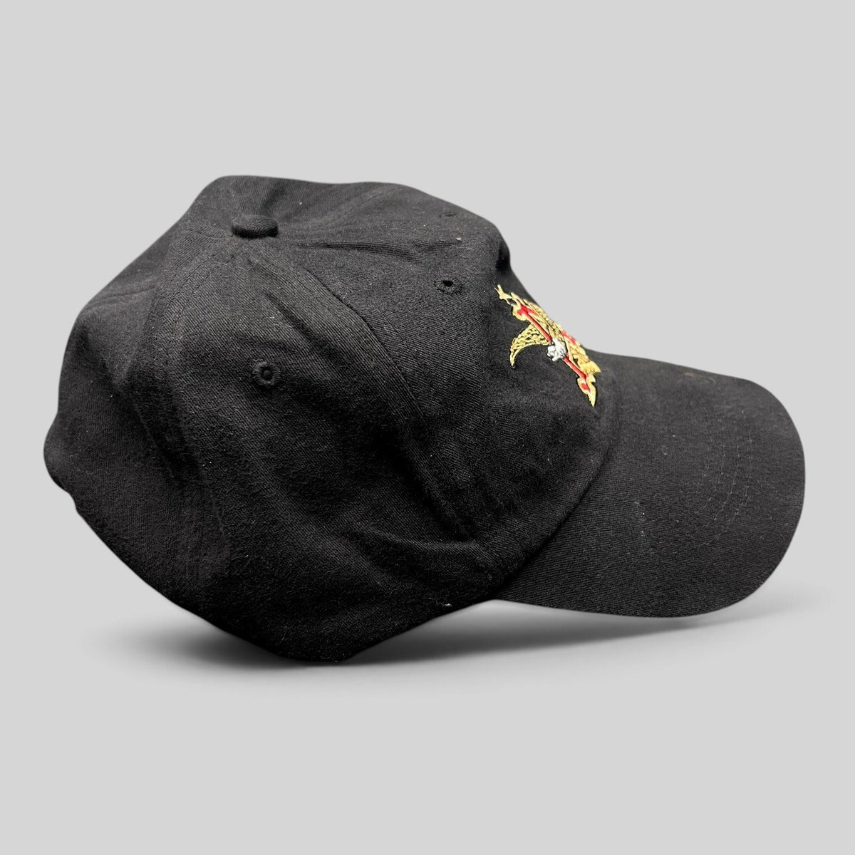 Raree Finds black cotton strapback hat featuring an embroidered Anheuser-Busch A and Eagle logo on the side