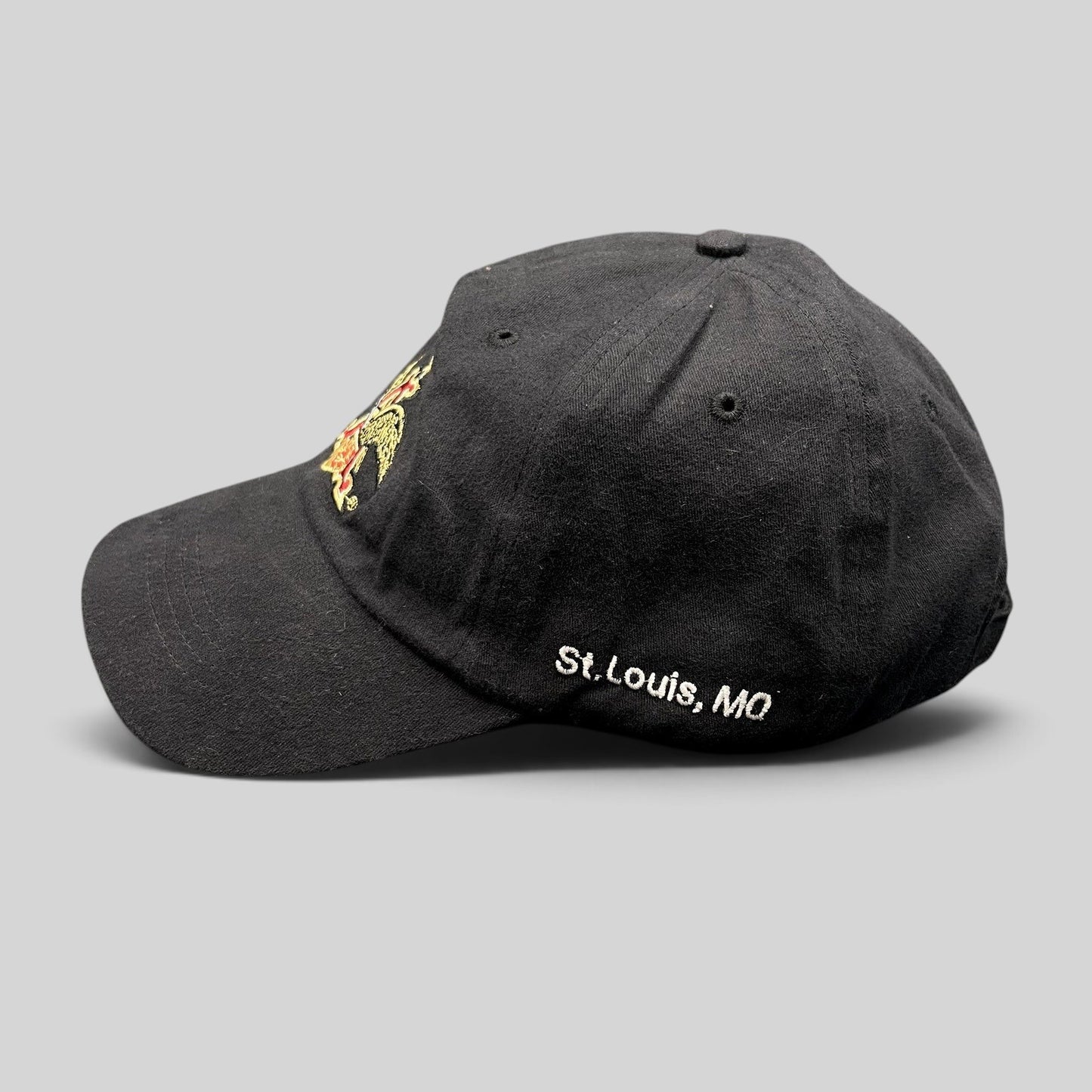 Raree Finds black cotton strapback hat with embroidered Anheuser-Busch A and Eagle logo and St. Louis MO text