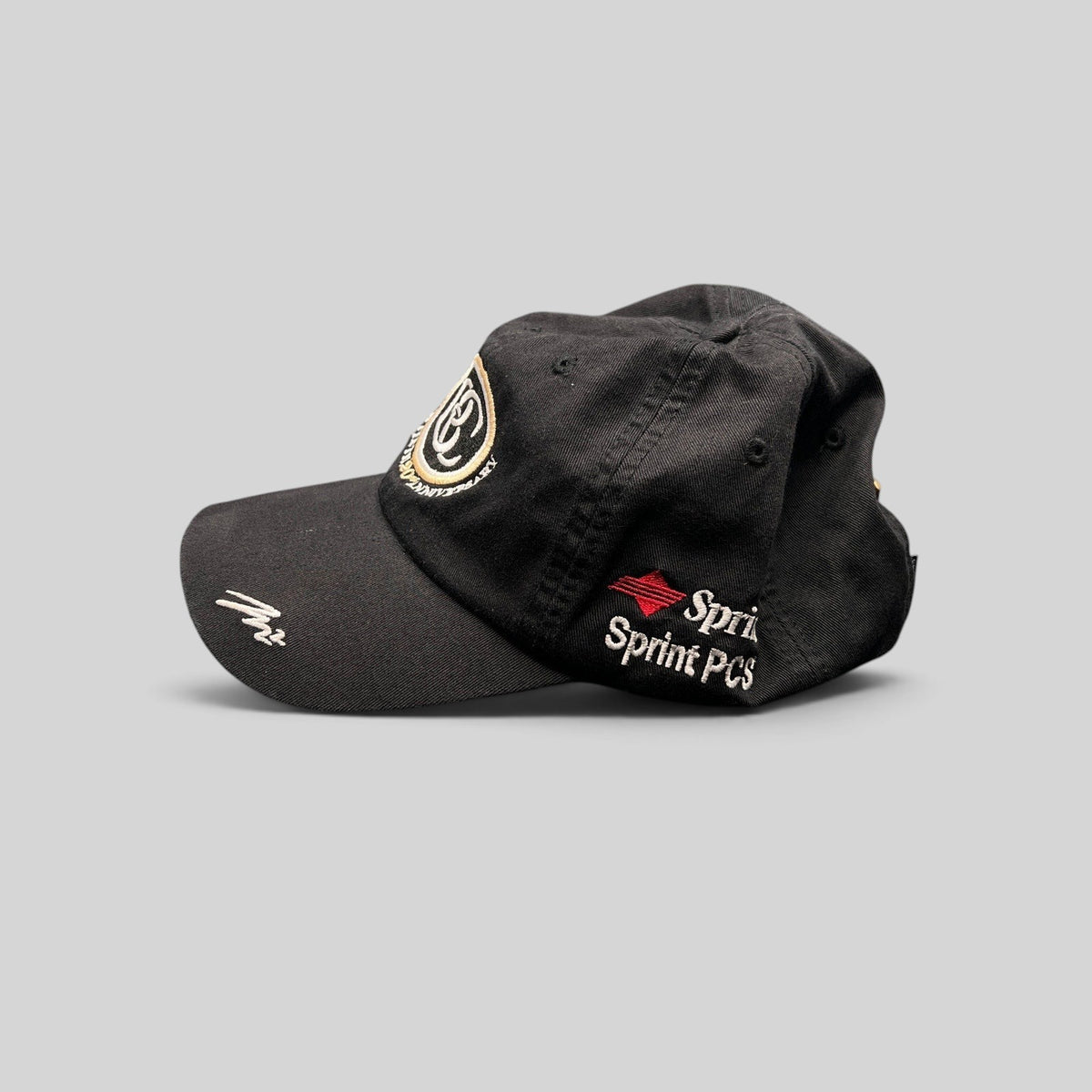 Raree Finds black cotton unstructured hat with BC 20th anniversary embroidery and Sprint PCS logo on the side