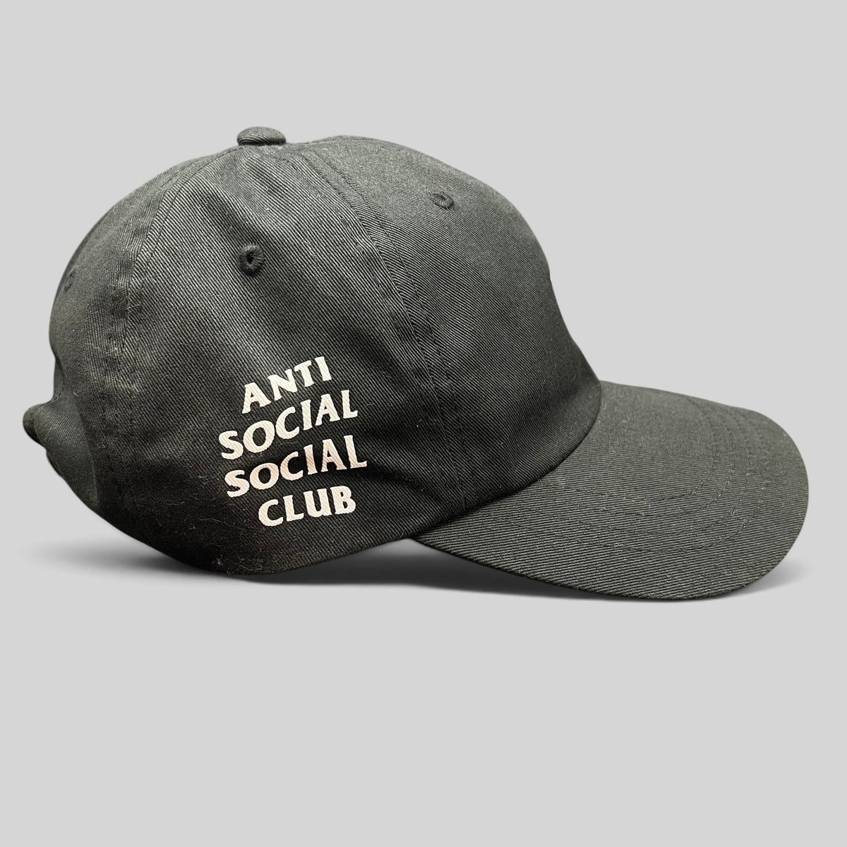 Raree Finds black cotton Anti Social Social Club strapback dad hat with white side logo embroidery