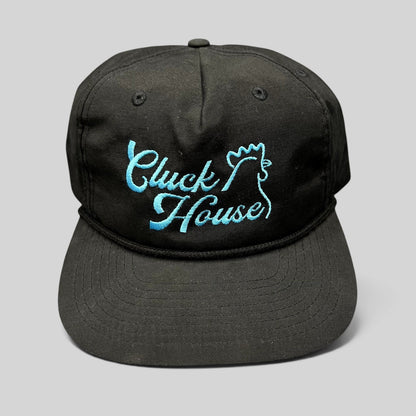 Raree Finds black Richardson Outdoor snapback hat with aqua blue Cluck House script embroidery and front rope detail.