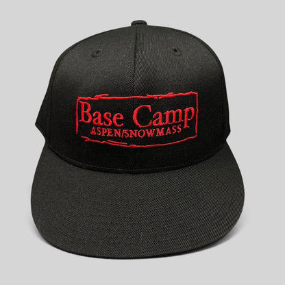 Raree Finds black Flexfit 210 fitted cap with red Base Camp Aspen Snowmass embroidered logo on the front