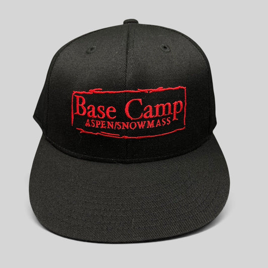 Raree Finds black Flexfit 210 fitted cap with red Base Camp Aspen Snowmass embroidered logo on the front