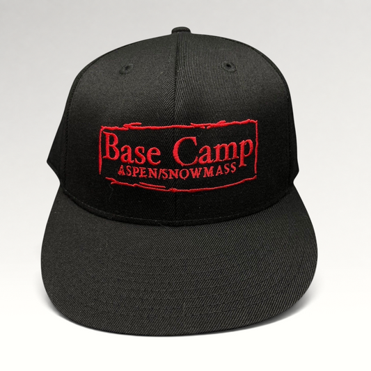 Raree Finds black Flexfit 210 fitted cap with red Base Camp Aspen Snowmass embroidered logo on the front