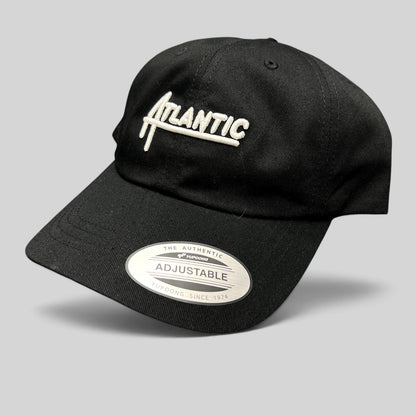 Raree Finds black Yupoong Classics dad cap with white Atlantic script embroidery and curved brim