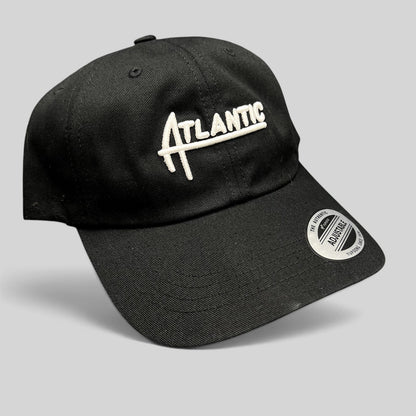 Raree Finds black cotton Yupoong Classics dad cap with white embroidered Atlantic script logo and curved brim