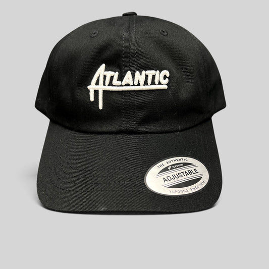 Raree Finds black cotton Yupoong Classics dad cap with white embroidered Atlantic script logo and curved brim