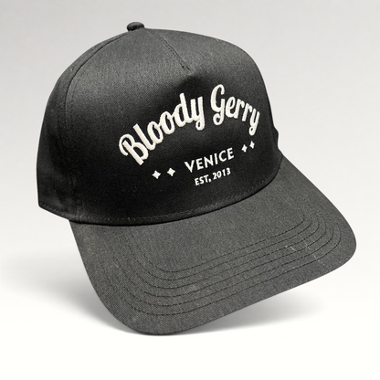 Raree Finds black Otto Cap snapback hat with white embroidered Bloody Gerry Venice California branding