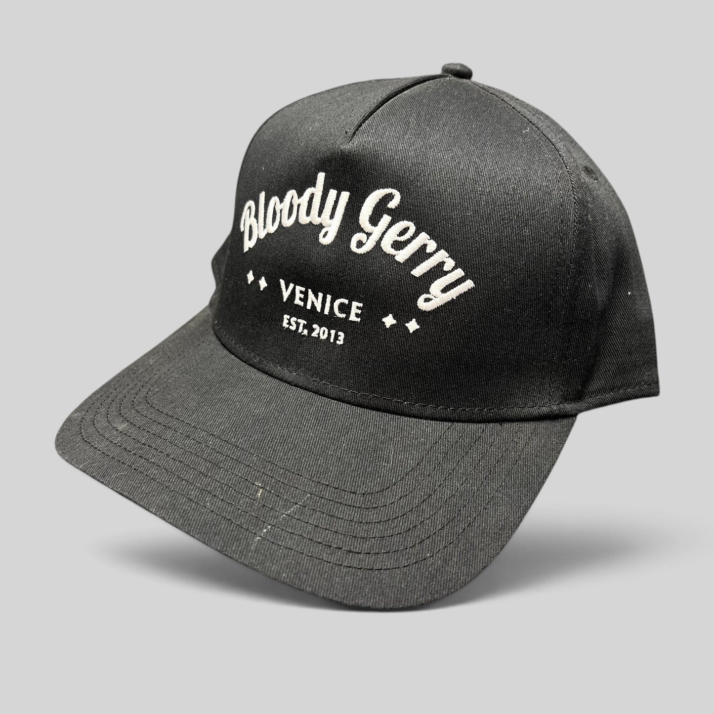 Raree Finds black Otto Cap snapback hat with white Bloody Gerry Venice California embroidery and flat bill