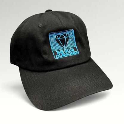 Raree Finds black cotton strapback hat with a blue embroidered The Blue Diamond logo on the front