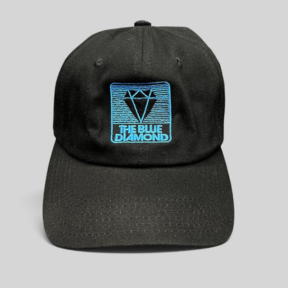 Raree Finds black cotton strapback hat with a blue embroidered The Blue Diamond logo on the front crown