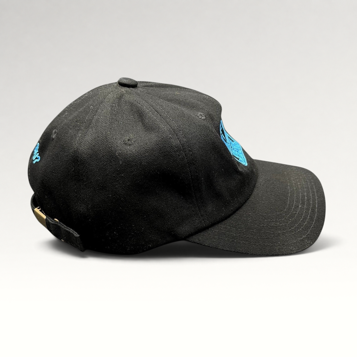 Raree Finds black cotton strapback hat with blue diamond logo and Do You Ski embroidery in a vintage ski style.