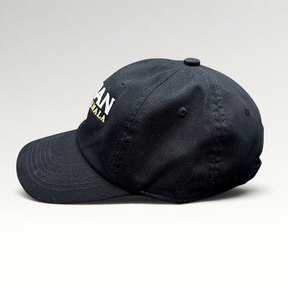 Raree Finds black cotton strapback hat with Botran Ron de Guatemala No. 18 embroidery in white and gold