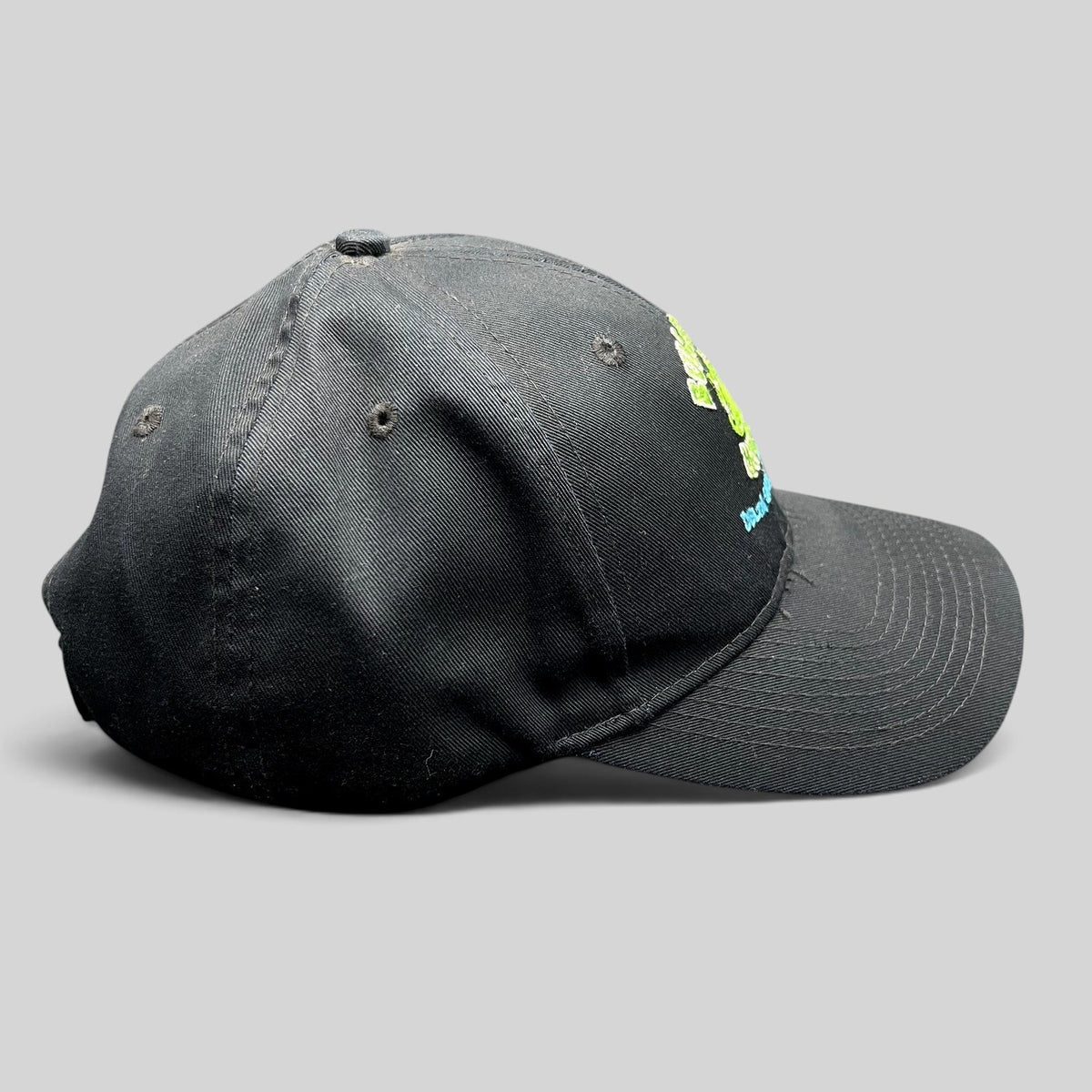 Raree Finds vintage black cotton strapback hat with embroidered Bullfrog Marina frog logo and aqua blue text.