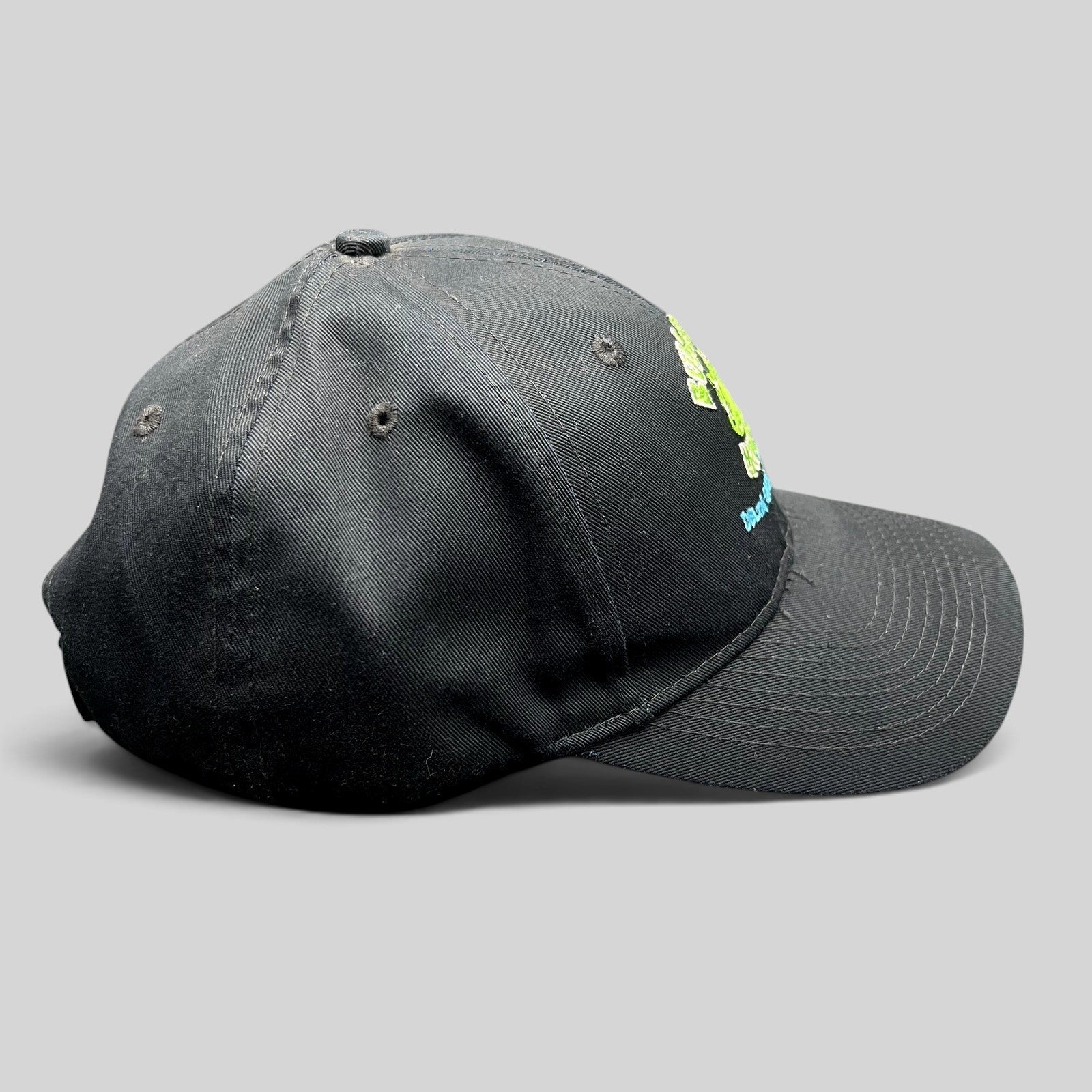 Raree Finds vintage black cotton strapback hat with embroidered Bullfrog Marina frog logo and aqua blue text.