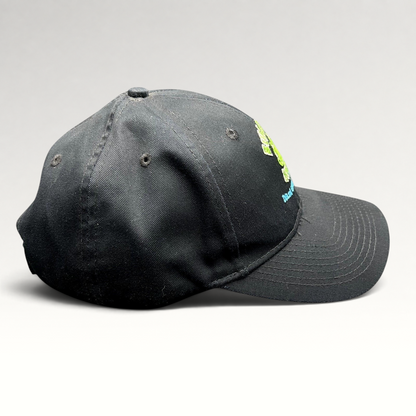 Raree Finds vintage black cotton strapback hat with embroidered Bullfrog Marina frog logo and aqua blue text.