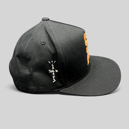 Raree Finds black snapback hat with Cactus Jack embroidery on the side and a flat brim