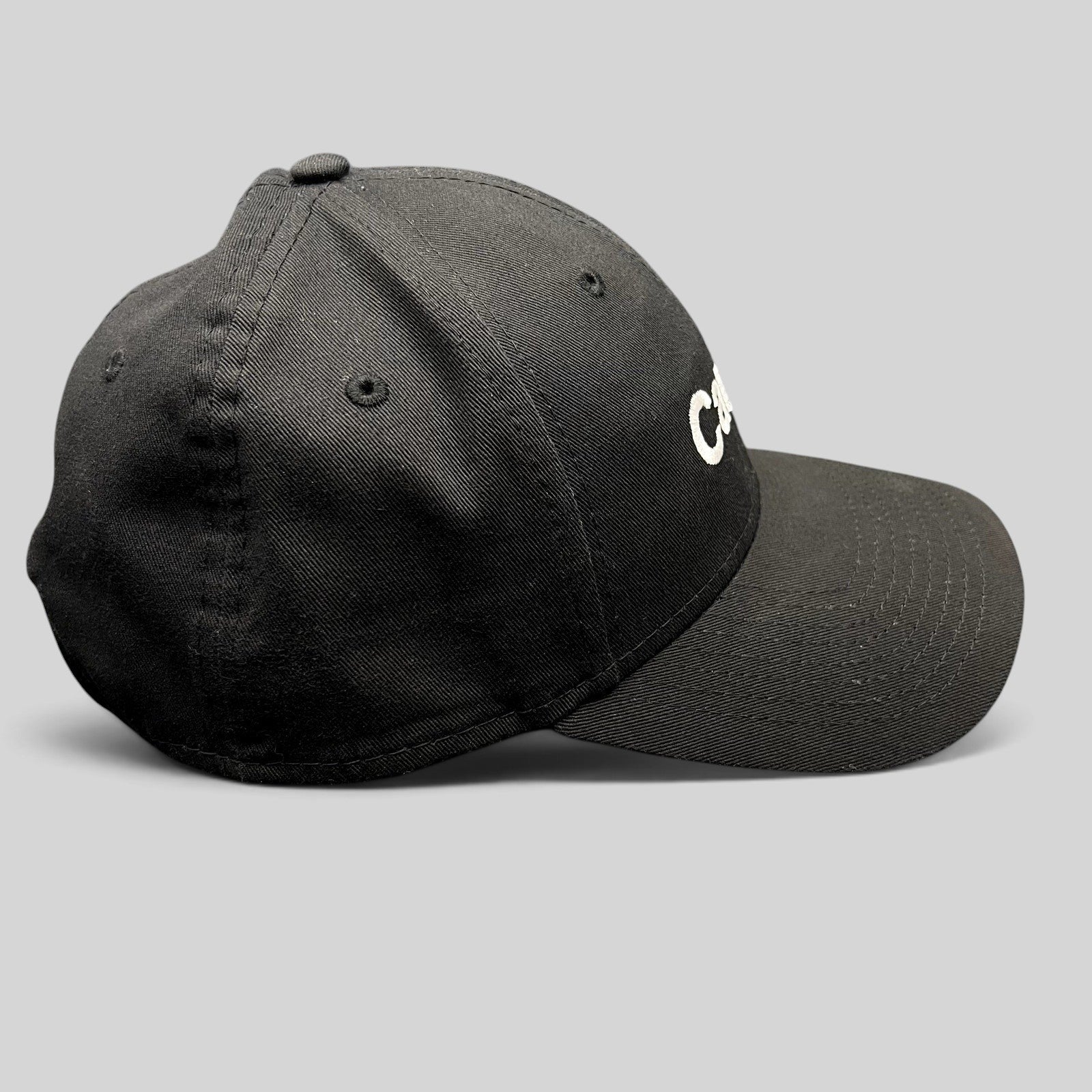 Raree Finds black cotton New Era 9FORTY strapback hat with white Carbon 3D printing logo embroidery and curved brim