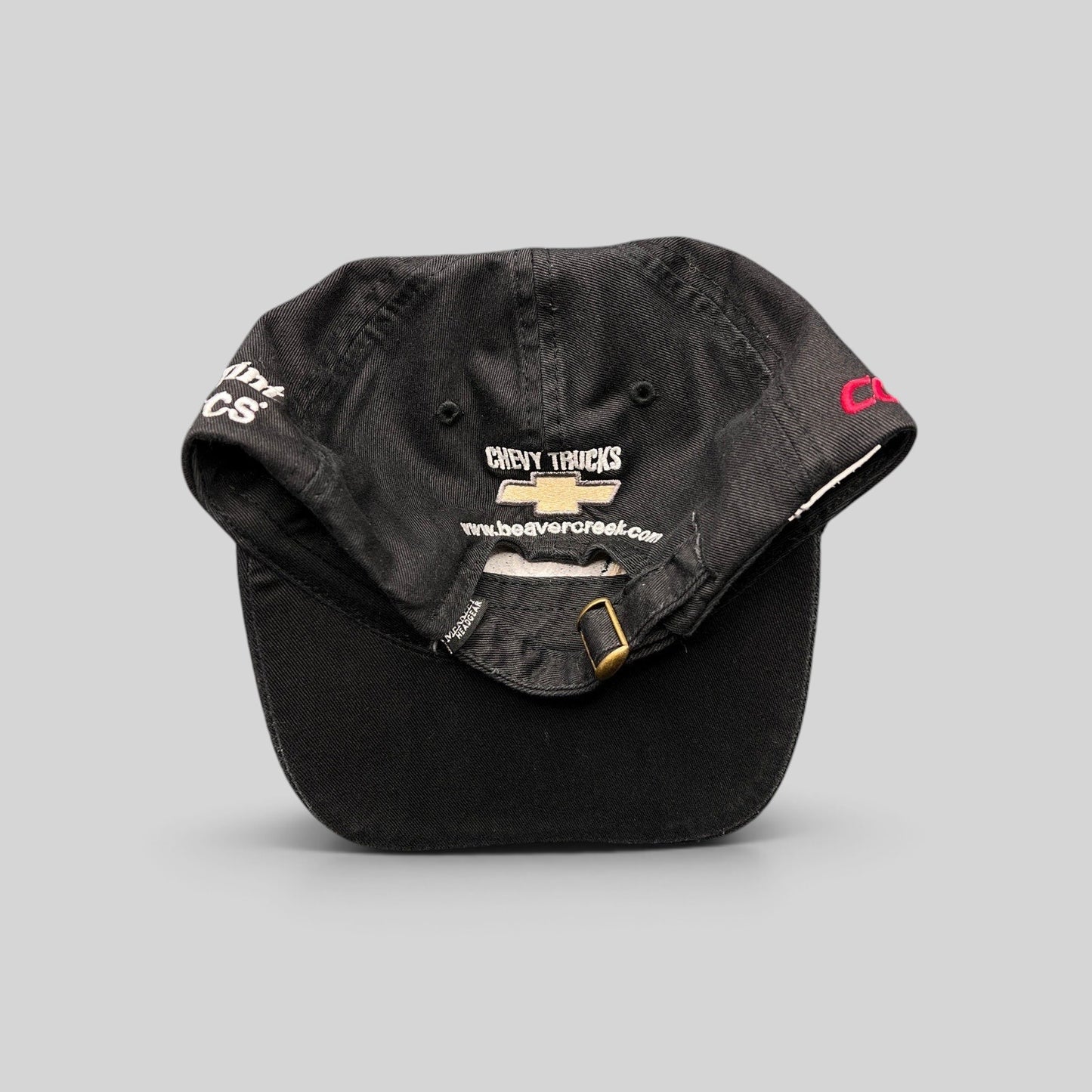 Raree Finds black cotton promotional hat featuring Chevy Trucks and Beaver Creek branding with an adjustable brass buckle