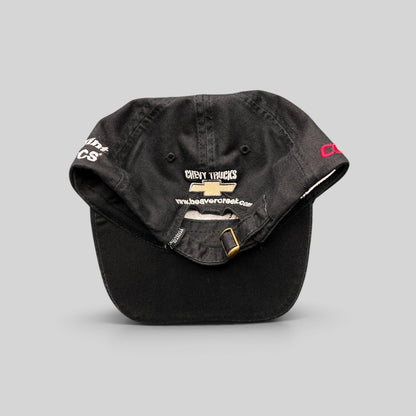 Raree Finds black cotton promotional hat featuring Chevy Trucks and Beaver Creek branding with an adjustable brass buckle