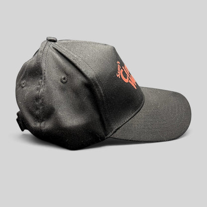 Raree Finds vintage black cotton twill strapback hat with red Samy’s CinemaWorks logo embroidery