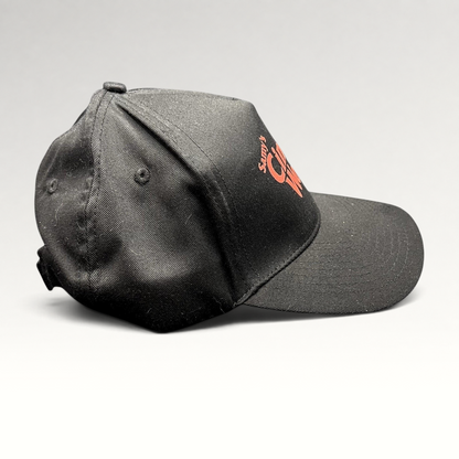 Raree Finds black cotton twill strapback hat with red Samy's CinemaWorks embroidery, side profile view.