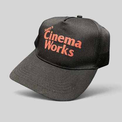 Raree Finds black cotton twill strapback hat with red Samy's CinemaWorks film production logo embroidery