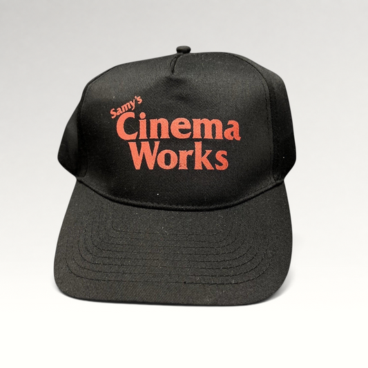 Raree Finds vintage black cotton twill strapback hat with red Samy's CinemaWorks promotional embroidery