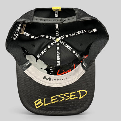 Raree Finds Black Clover x Tony Robbins 2026 Blessed snapback hat interior showing MemoryFit lining and brim script