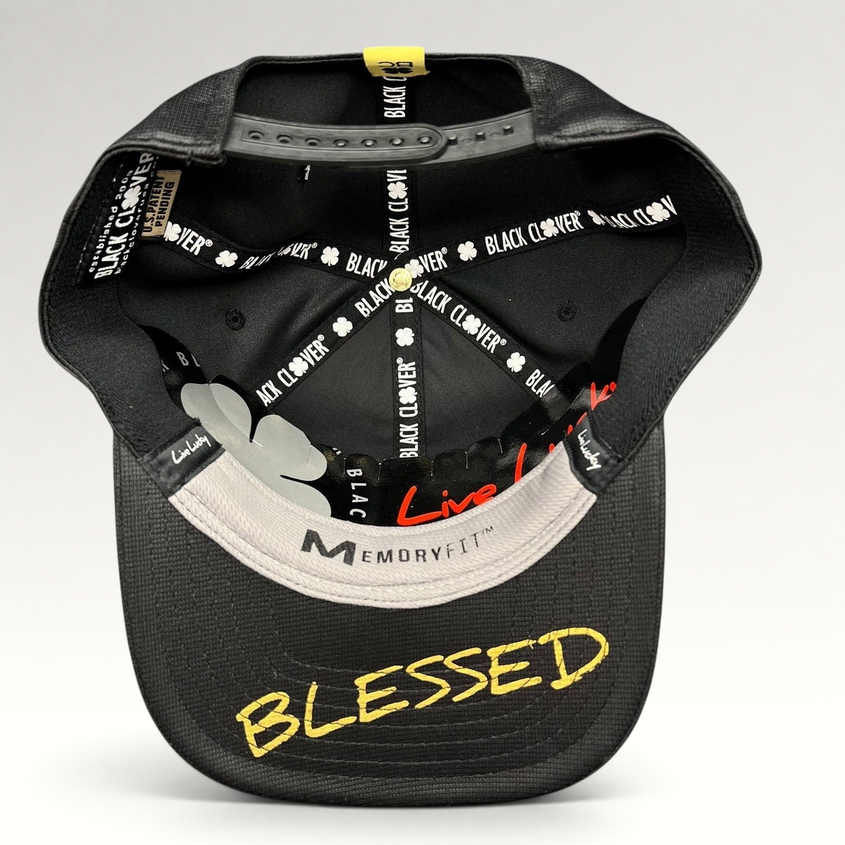 Raree Finds Black Clover x Tony Robbins 2026 Blessed snapback hat interior showing MemoryFit lining and brim script