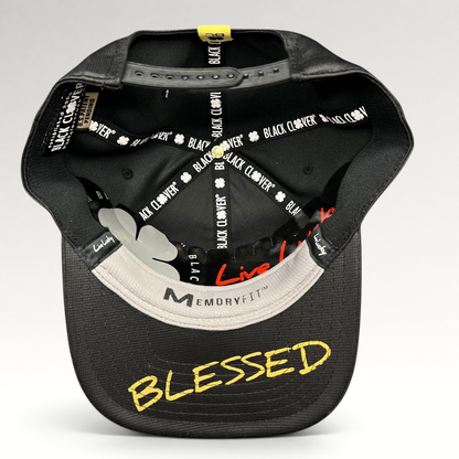 Raree Finds Black Clover x Tony Robbins 2026 Blessed snapback hat interior showing MemoryFit lining and brim script