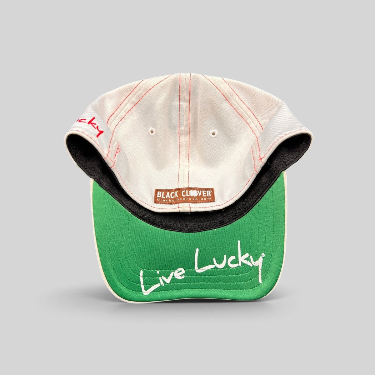 Raree Finds Black Clover California Republic hat showing green underbrim with Live Lucky text and interior branding