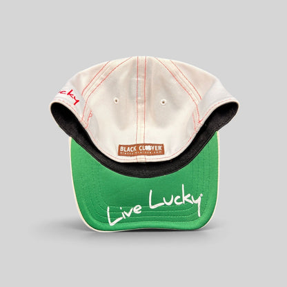 Raree Finds Black Clover California Republic hat showing green underbrim with Live Lucky text and interior branding
