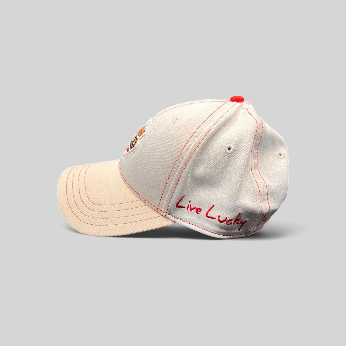 Raree Finds Black Clover California Republic hat in white with red stitching and Live Lucky embroidery on the side