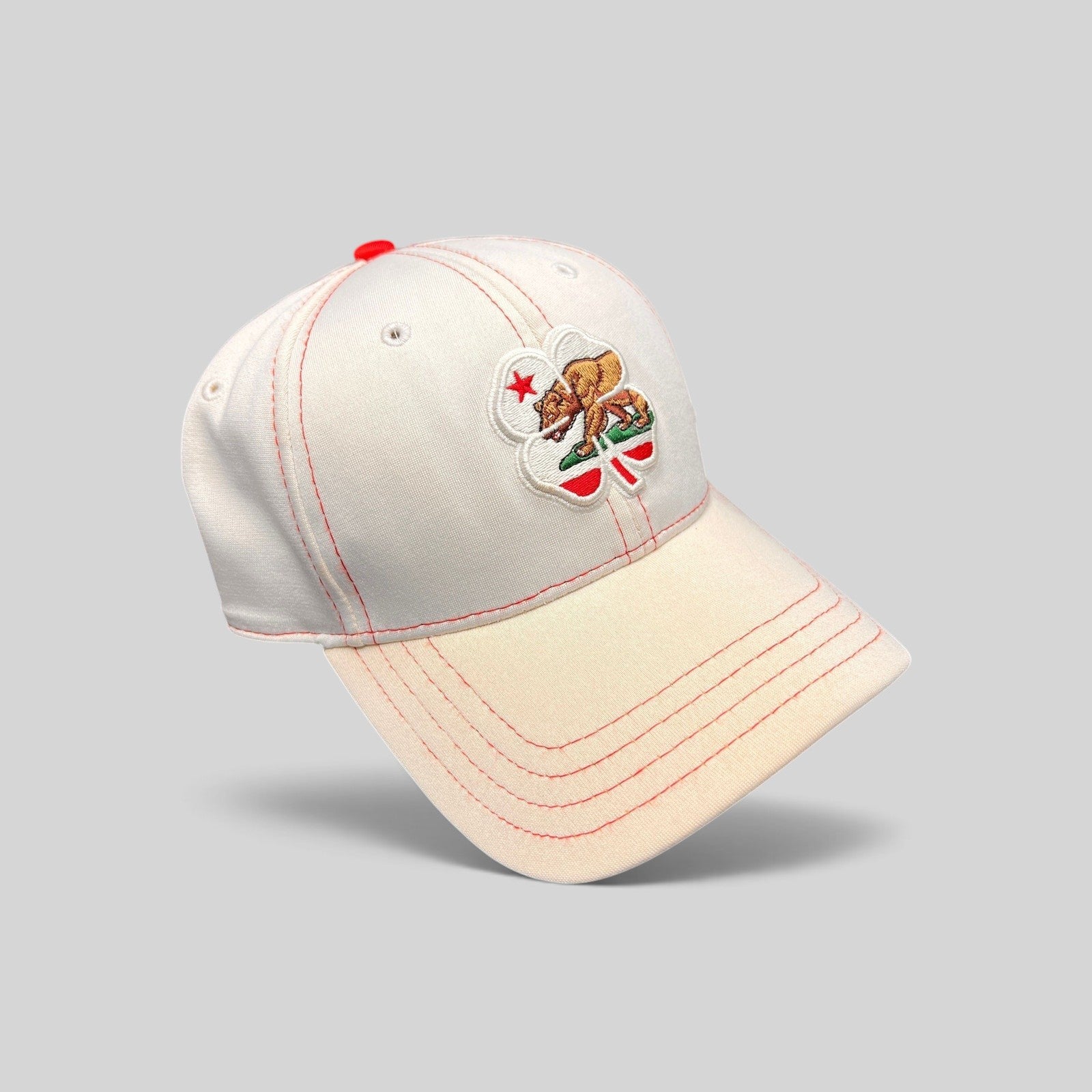Raree Finds Black Clover California Republic hat in white with red stitching and a bear clover emblem