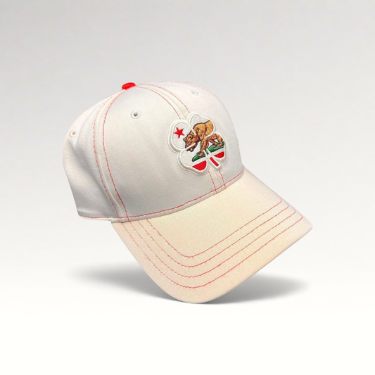 Raree Finds Black Clover California Republic hat in white with red stitching and a bear clover emblem