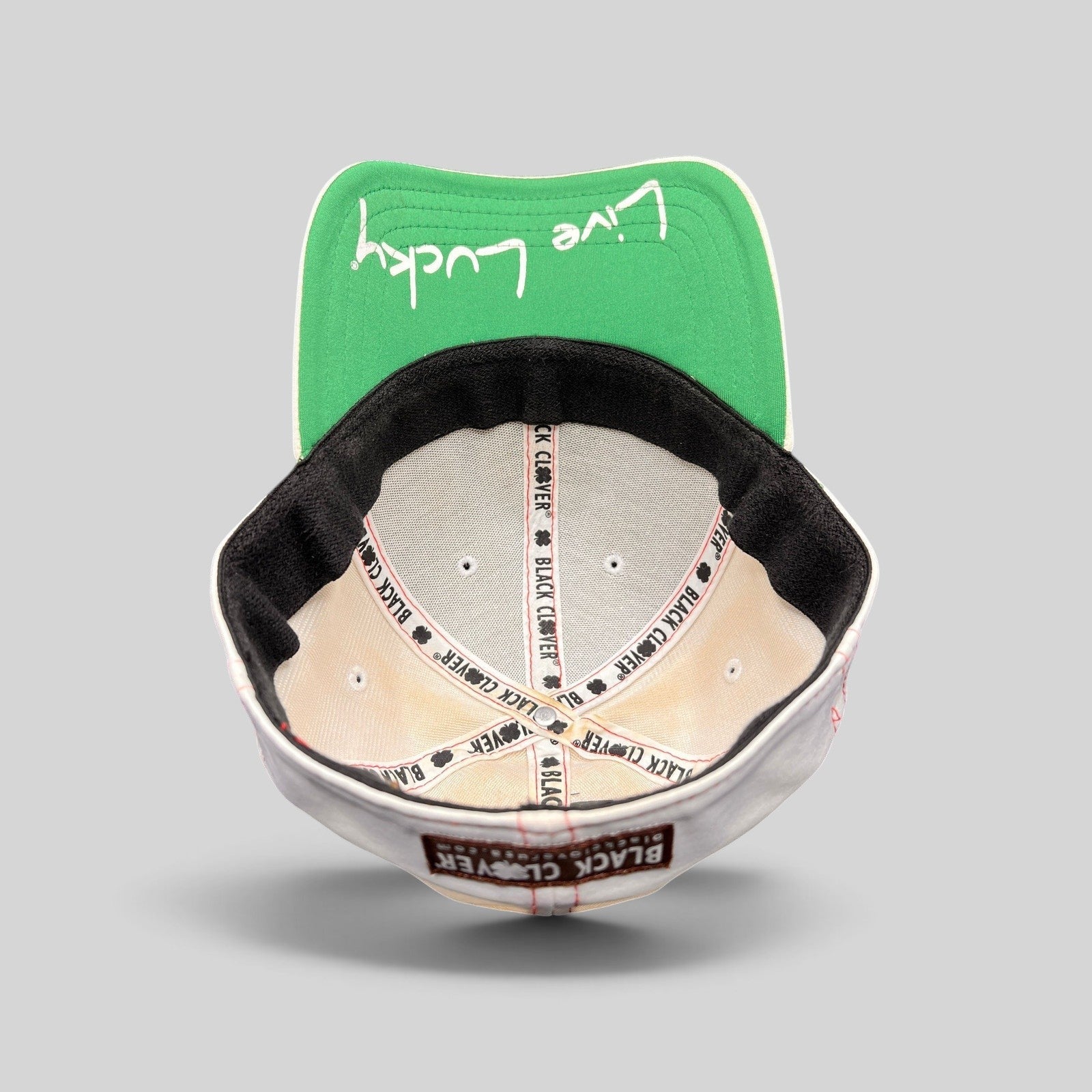 Raree Finds Black Clover California Republic hat interior showing green underbrim with Live Lucky embroidery