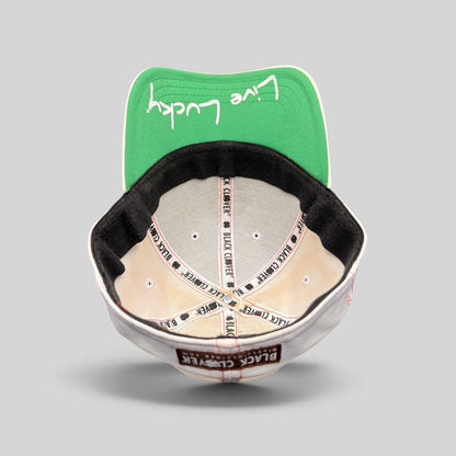Raree Finds Black Clover California Republic hat interior showing green underbrim with Live Lucky embroidery