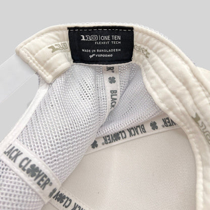 Raree Finds Black Clover Yupoong One Ten Flexfit white trucker hat interior label and branded seam tape detail