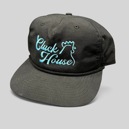 Raree Finds black Richardson Outdoor snapback hat with aqua blue Cluck House rooster embroidery and rope brim detail.