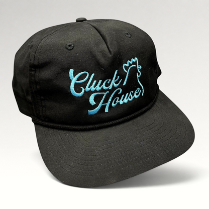 Raree Finds black Richardson Outdoor snapback hat with aqua blue Cluck House script embroidery and front rope detail.